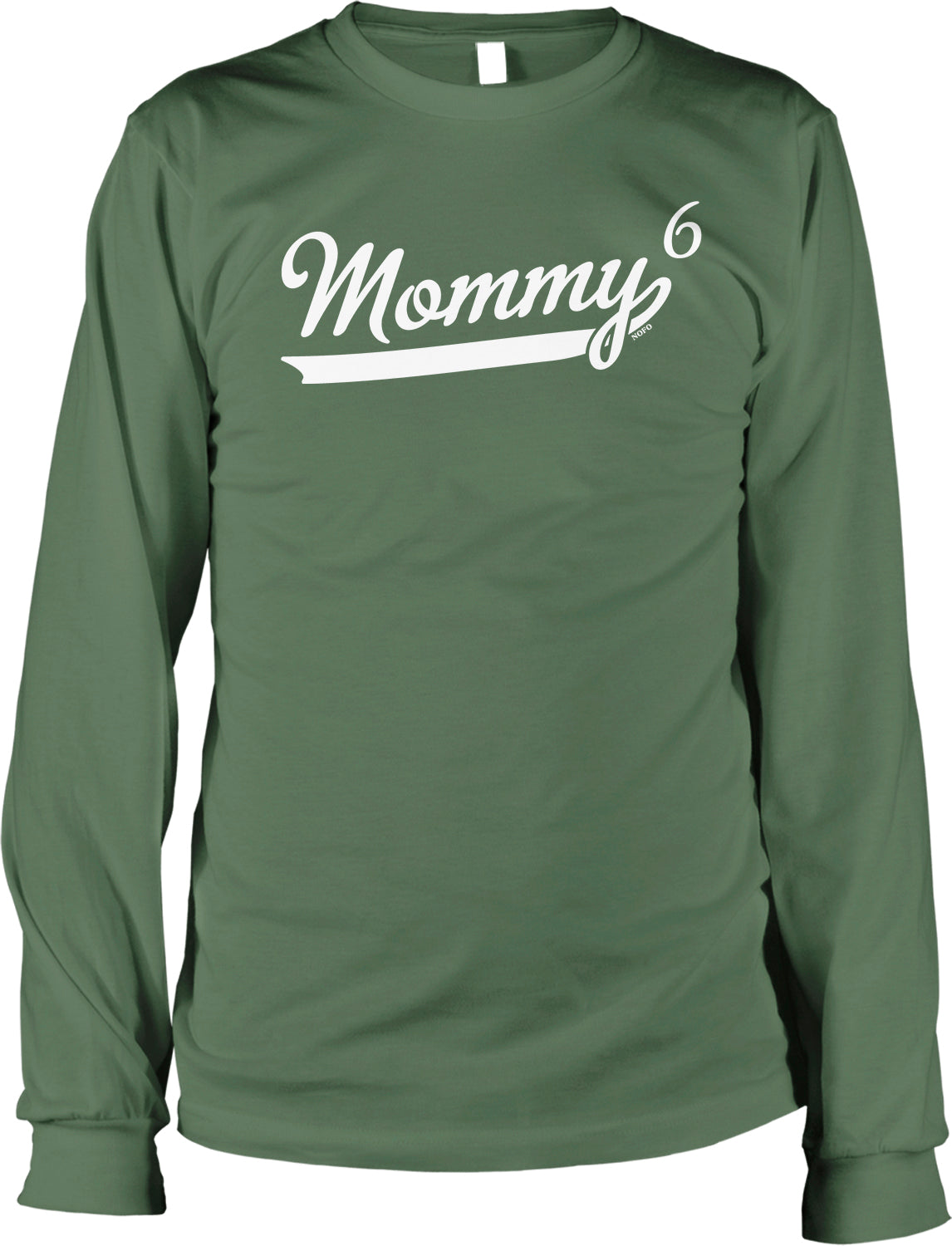 A long-sleeved green t-shirt with the text "Mommy" printed on it in white lettering.