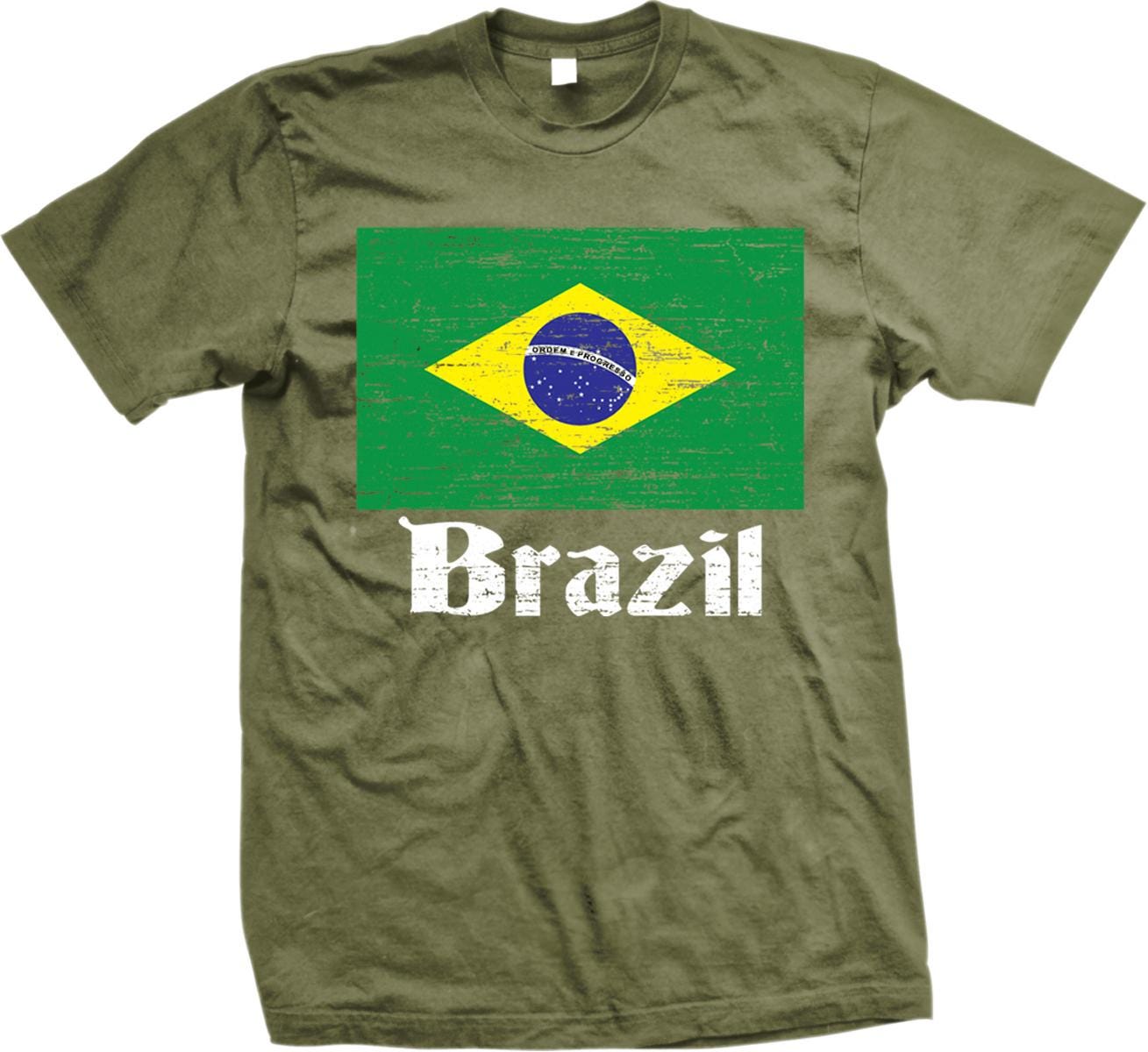 A green t-shirt with a graphic of the Brazilian flag and the word "Brazil" printed on it.