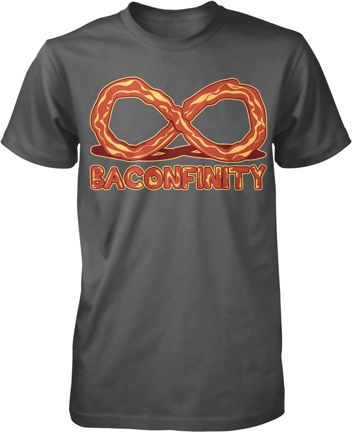 A gray t-shirt with a graphic design featuring a large bacon-flavored pretzel and the text "BACONFINITY" below it.