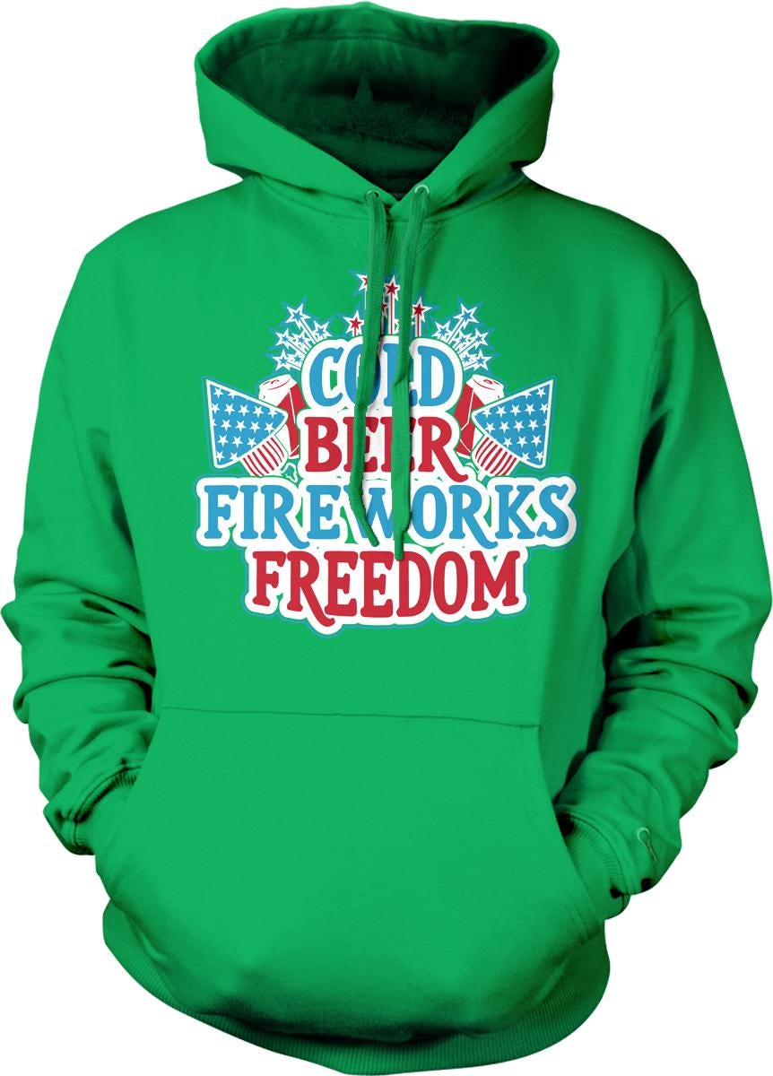 A bright green hoodie with a graphic design featuring the text "COLD BEER FIREWORKS FREEDOM" and various patriotic symbols.