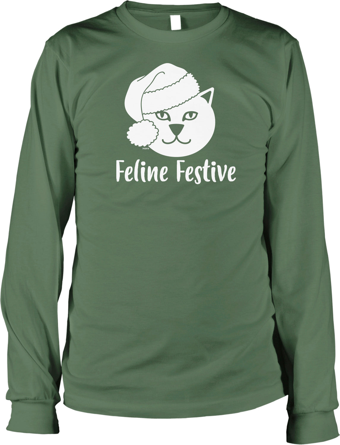 A green long-sleeved t-shirt with a white graphic of a cat wearing a Santa hat and the text "Feline Festive" printed on it.