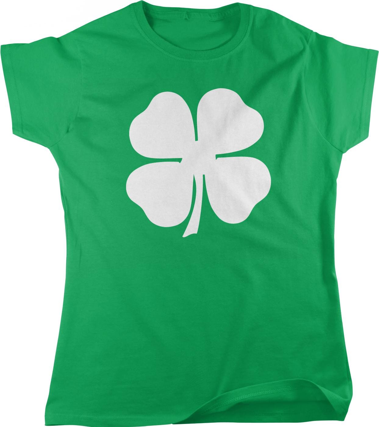 A green t-shirt with a white four-leaf clover graphic printed on it.