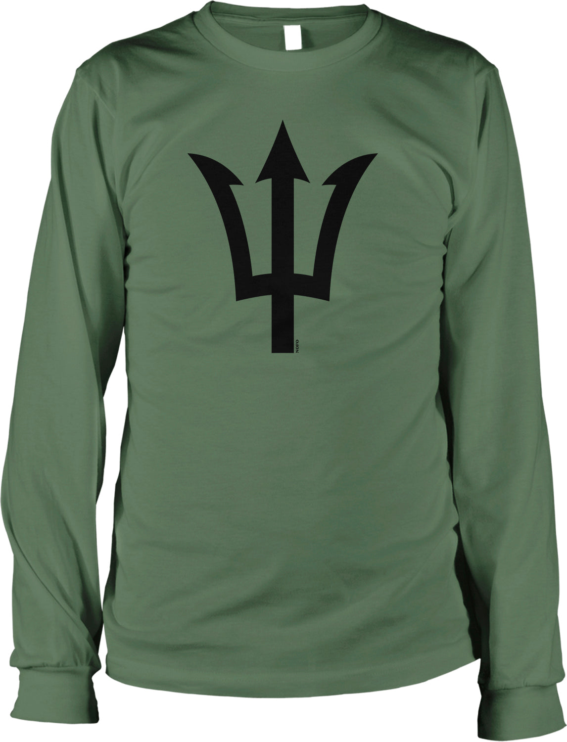 A long-sleeved olive green t-shirt with a black graphic design on the front.