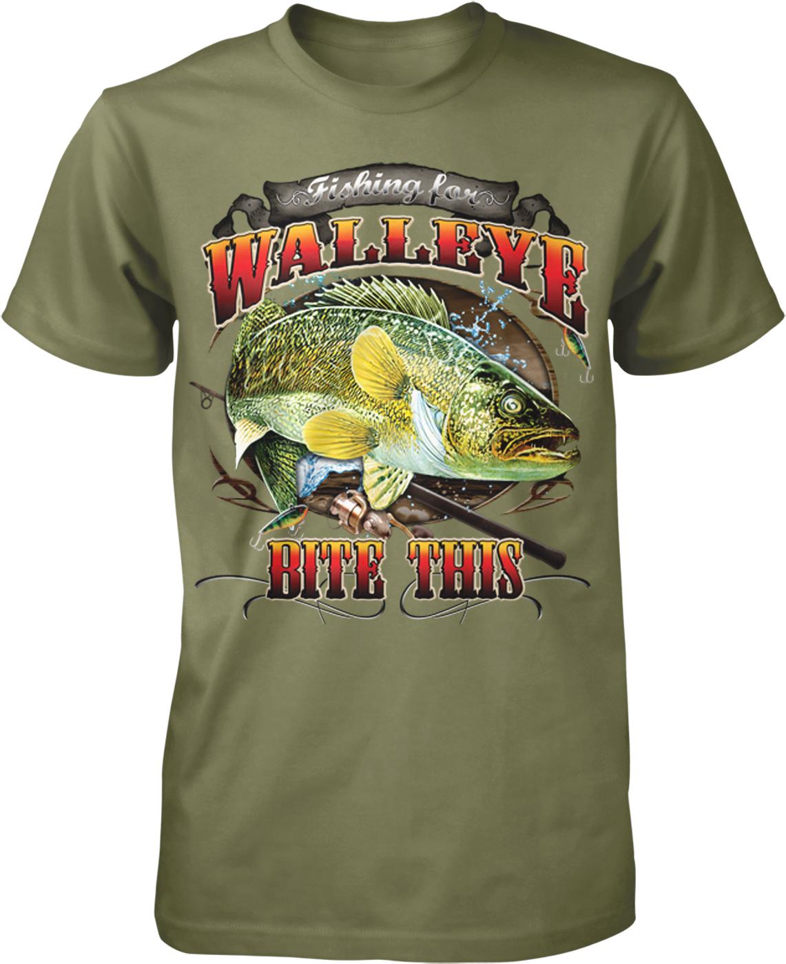 A t-shirt design featuring a large fish with a bite taken out of it, along with the text "Fishing for WALLEYE BITE THIS".