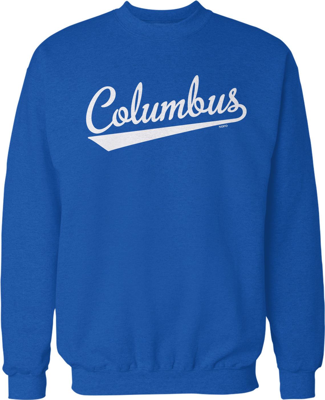 A blue sweatshirt with the word "Columbus" printed on it in white text.