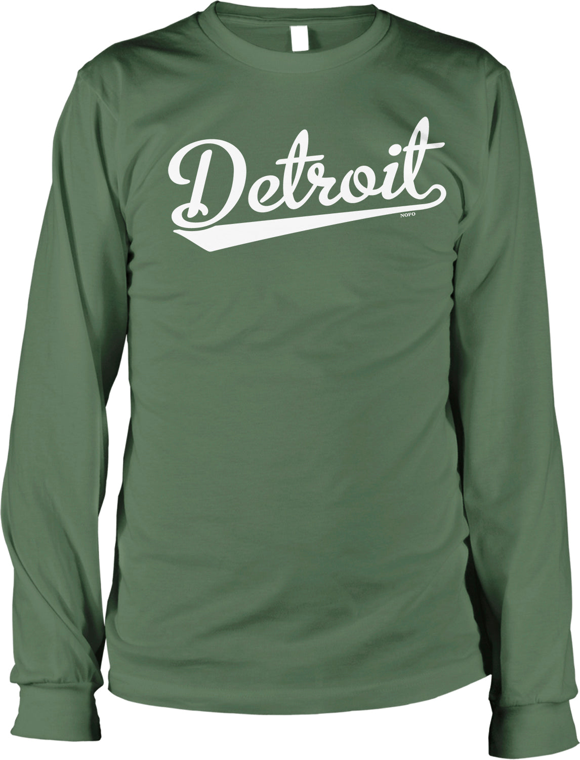 A long-sleeved green t-shirt with the word "Detroit" printed in white text across the front.