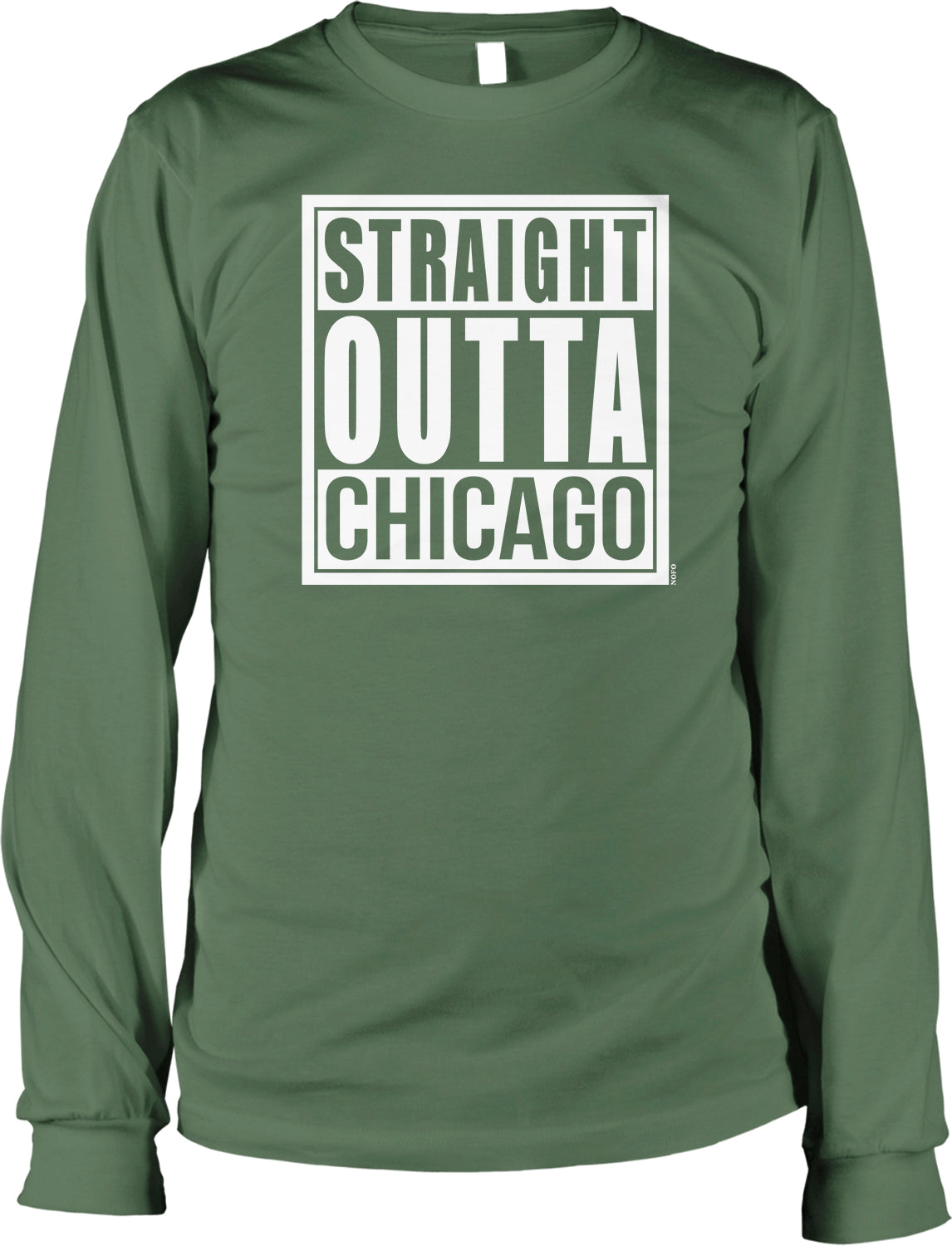 A green long-sleeved t-shirt with the text "STRAIGHT OUTTA CHICAGO" printed on it in white.