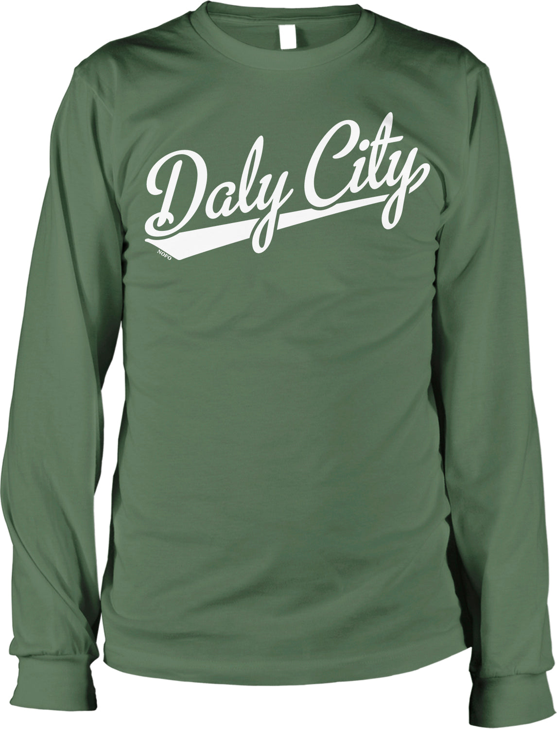A green long-sleeved t-shirt with the text "Daly City" printed on it in white lettering.