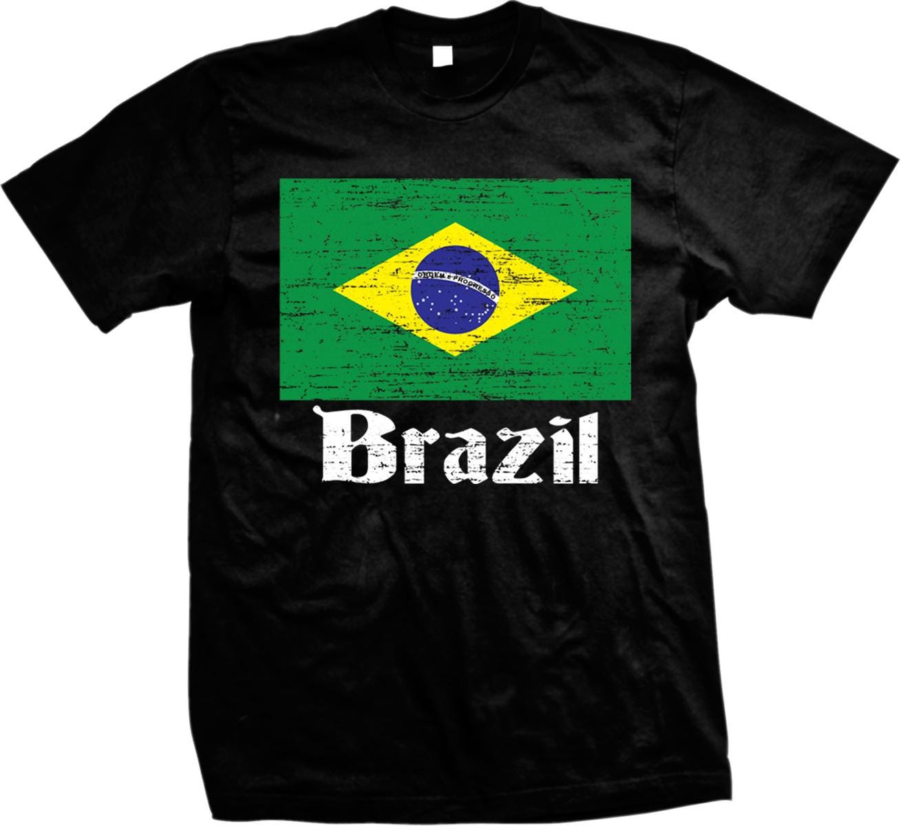 A black t-shirt with a graphic of the Brazilian flag and the word "Brazil" printed on it.