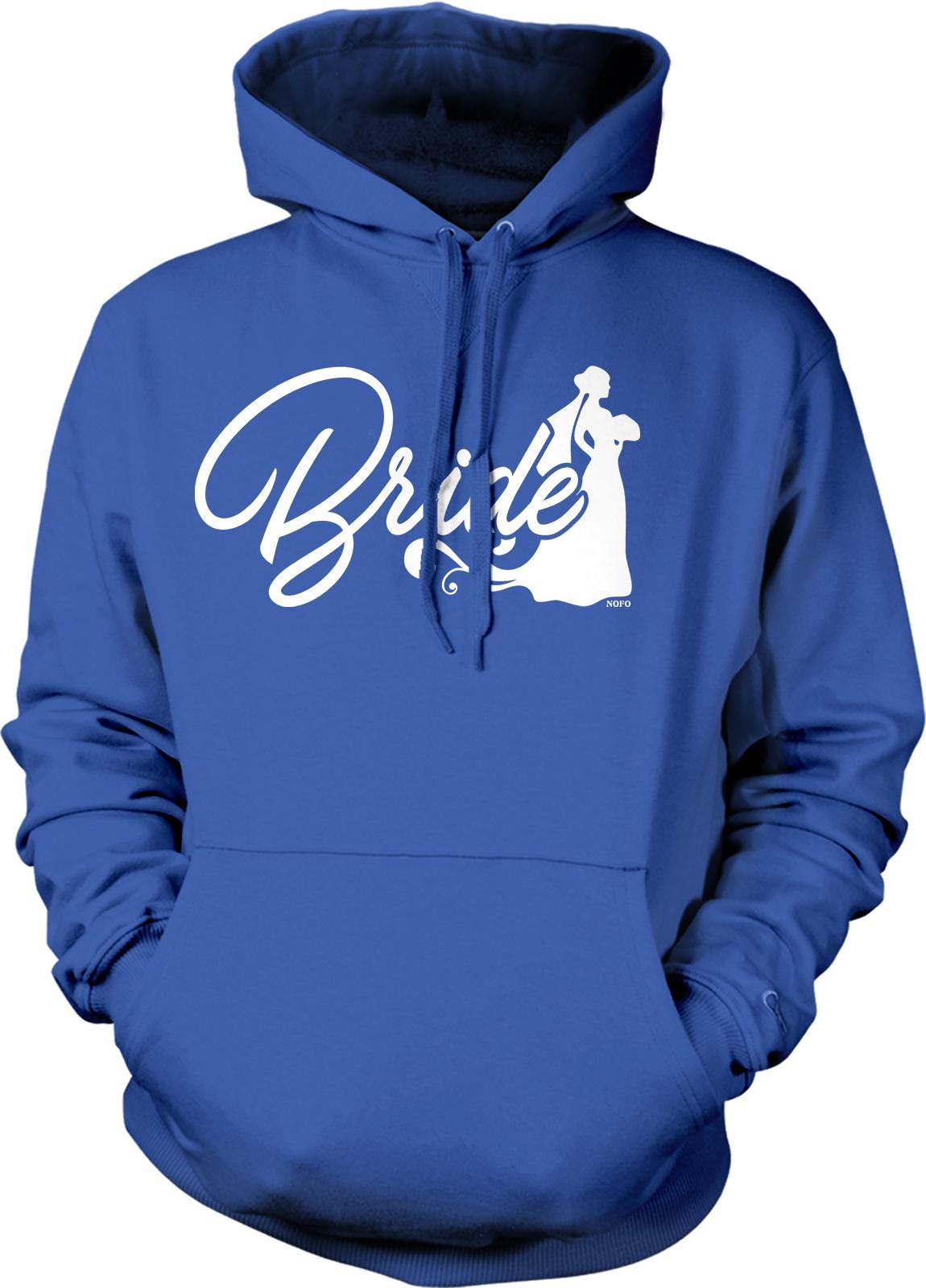 A blue hoodie with a white graphic design on the front, depicting a bride and groom silhouette.