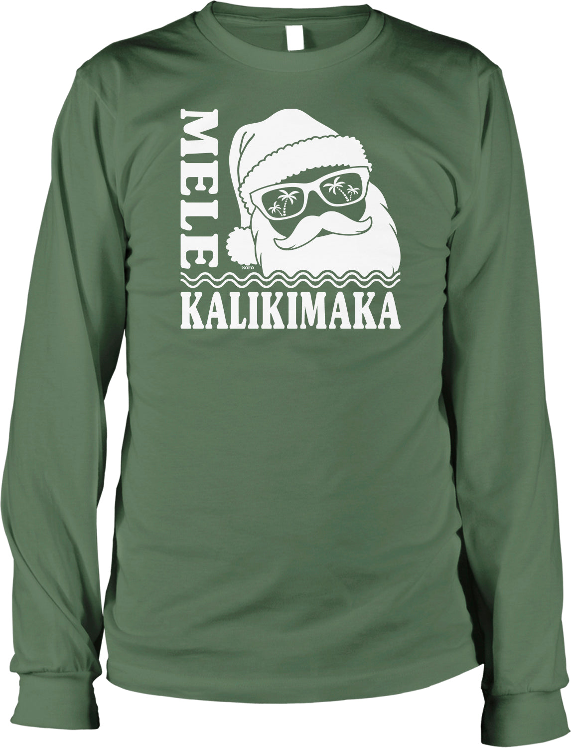 A green long-sleeved t-shirt with a graphic design featuring a Santa Claus or Christmas character wearing sunglasses and a hat, along with the text "MELEK KALIKIMA" printed on it.