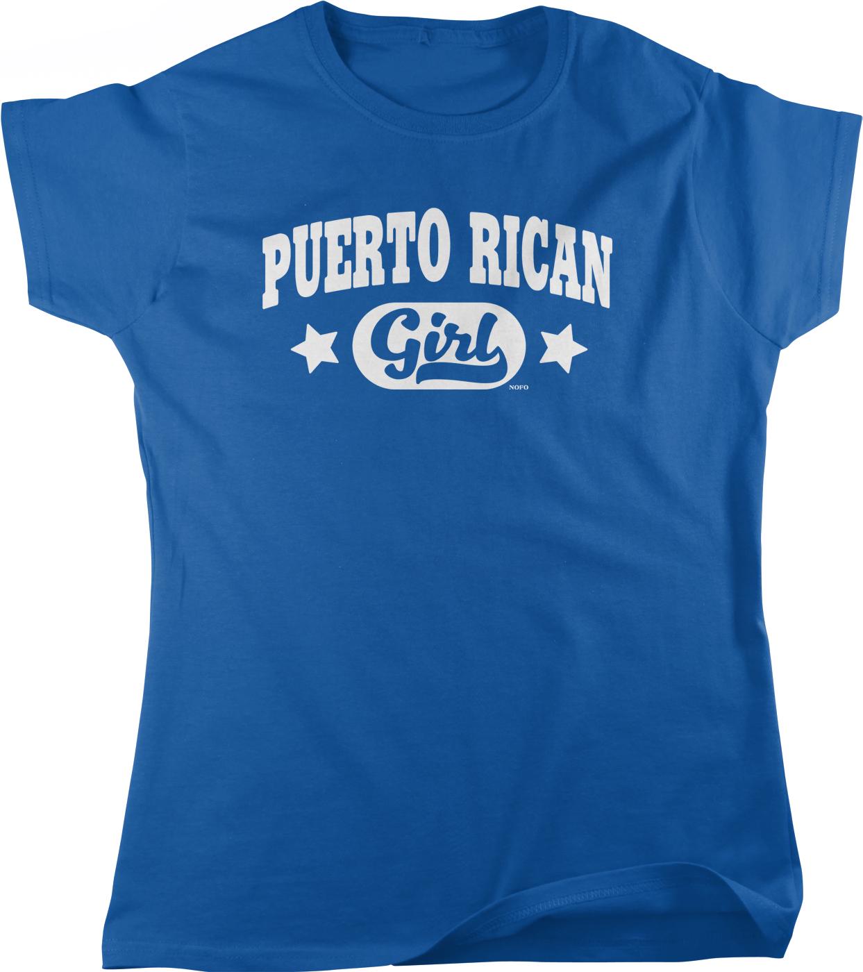 A blue t-shirt with the text "PUERTO RICAN GIRL" printed on it.