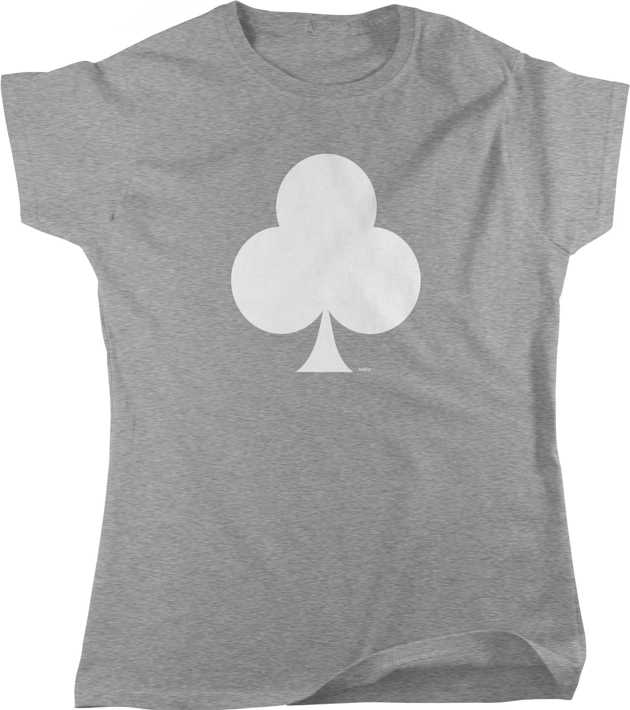 A gray t-shirt with a white graphic of a three-leaf clover on it.
