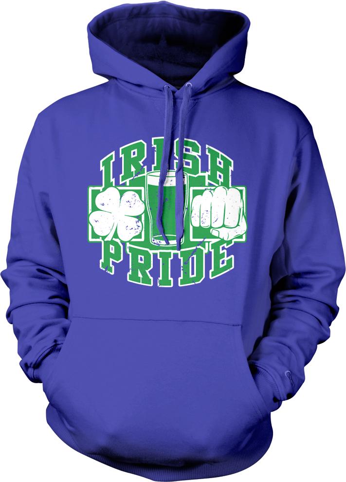 A purple hoodie with a graphic design featuring the text "IRISH PRIDE" and clovers, along with a fist symbol.