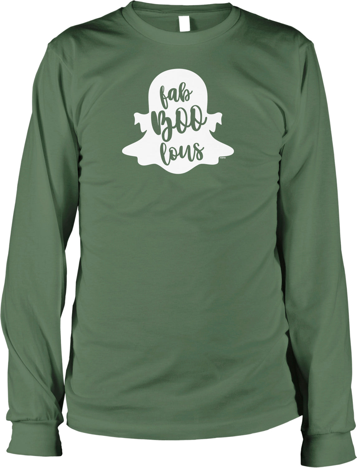 A green long-sleeved t-shirt with a white graphic design on the front.