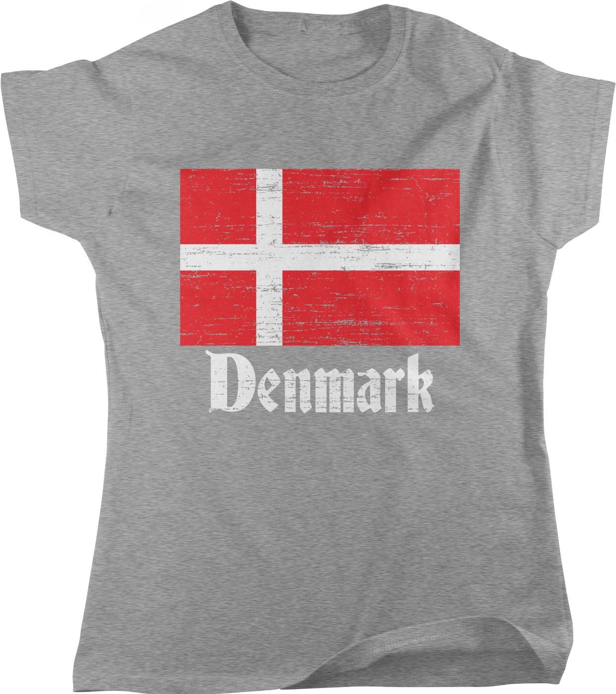 A gray t-shirt with a graphic of the Danish flag and the word "Denmark" printed on it.