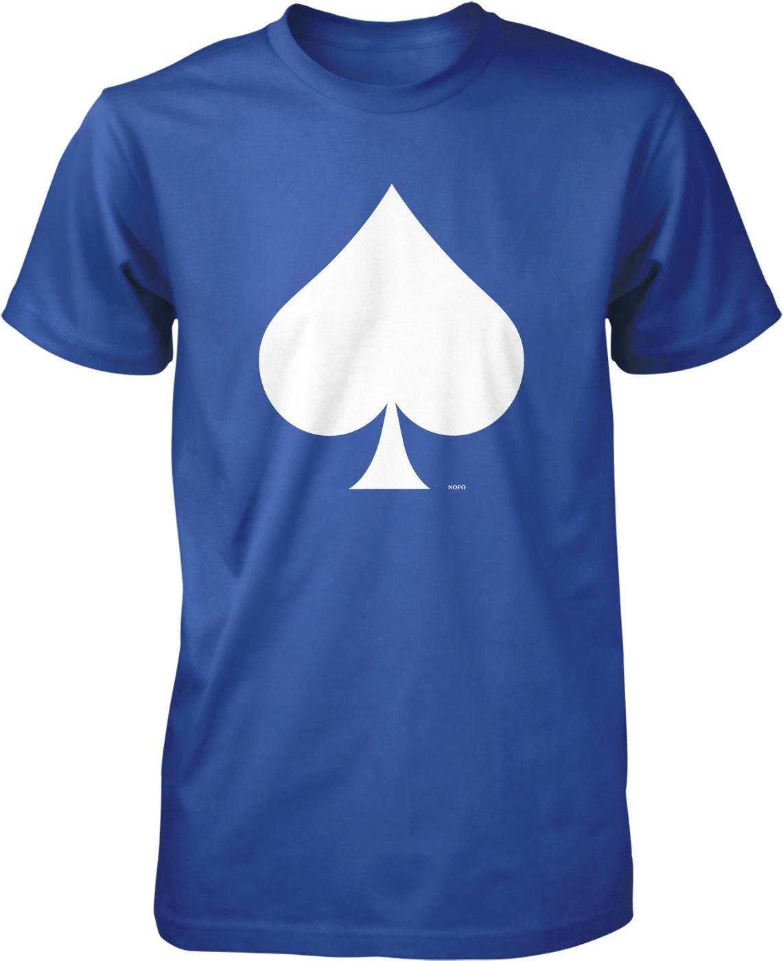 A blue t-shirt with a white graphic of a spade symbol printed on it.