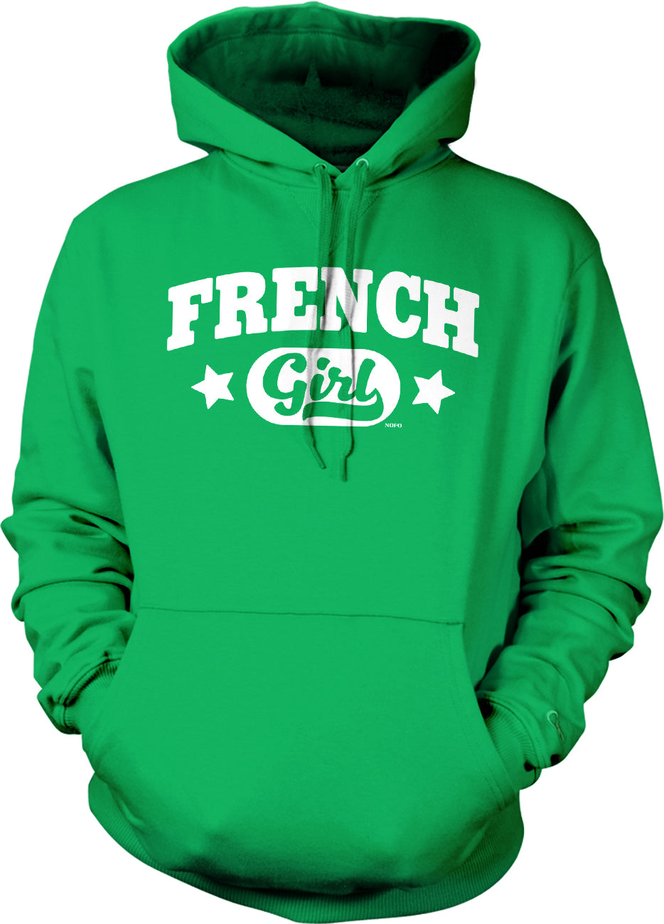 A bright green hoodie with the text "FRENCH GIRL" printed on it.