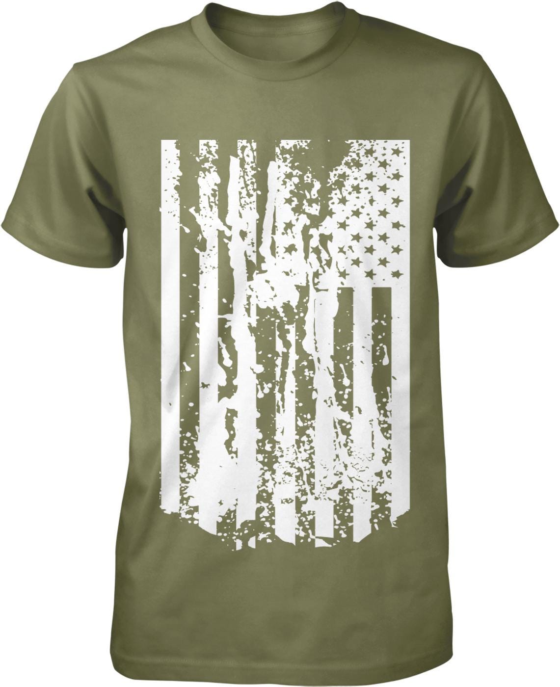 A green t-shirt with a white graphic design depicting a distressed American flag.