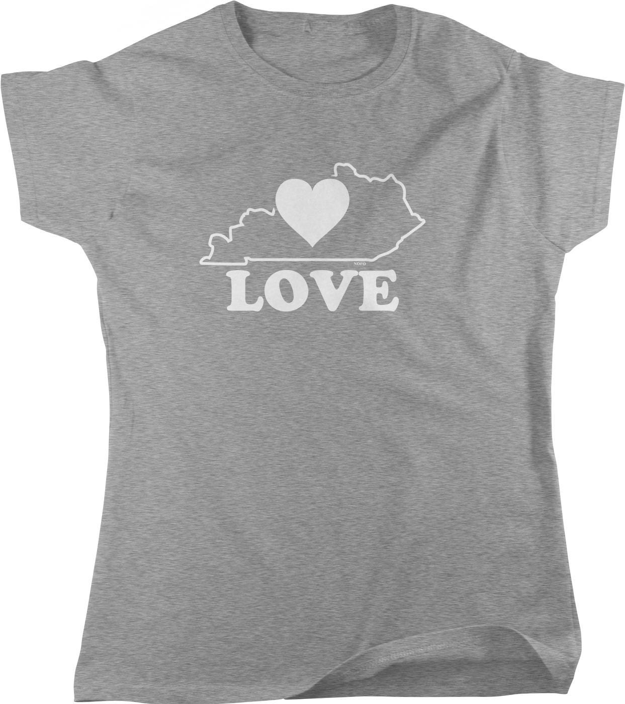 A gray t-shirt with a white graphic design that says "LOVE" and features a heart shape.