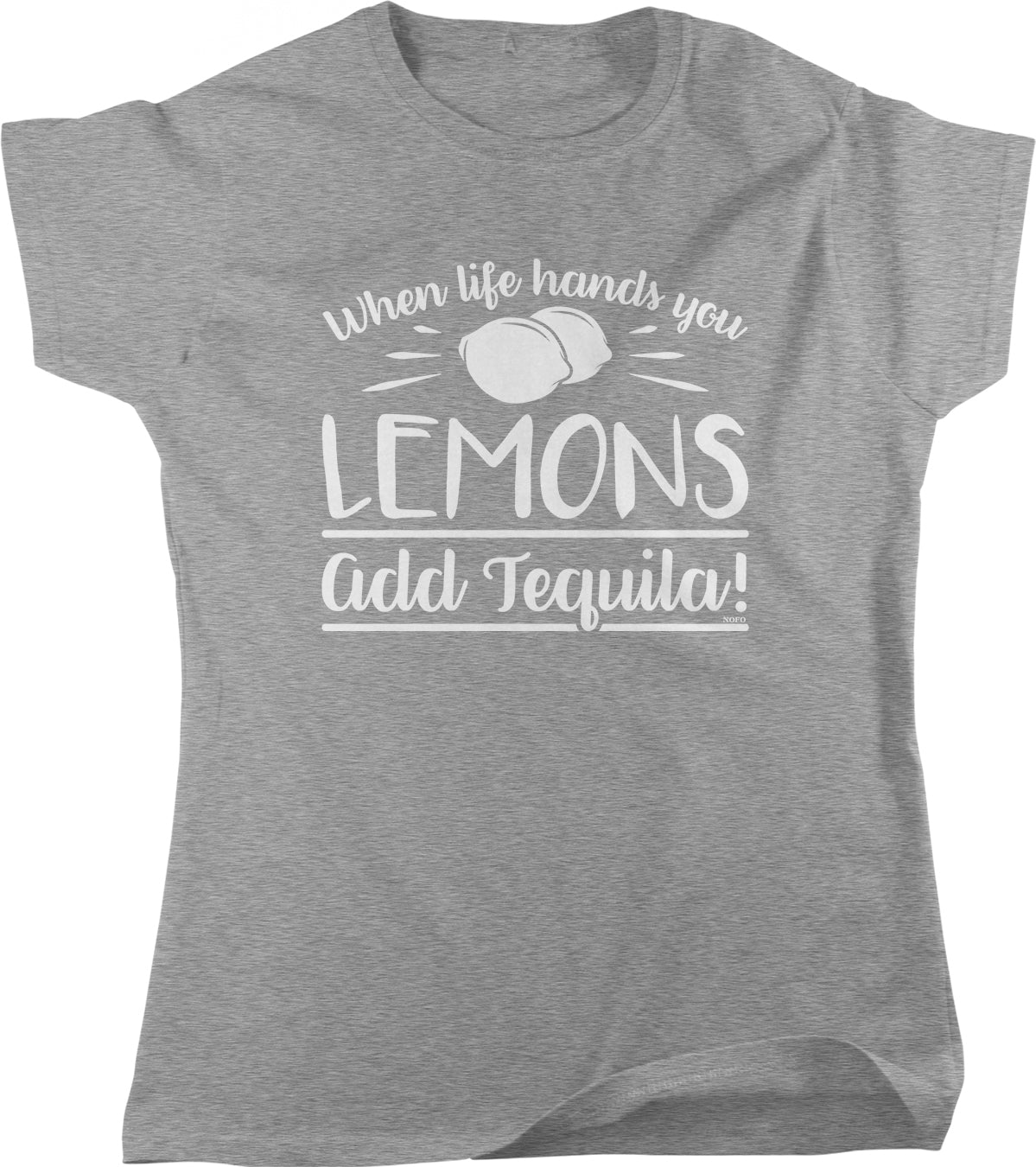 A gray t-shirt with a humorous text printed on it.