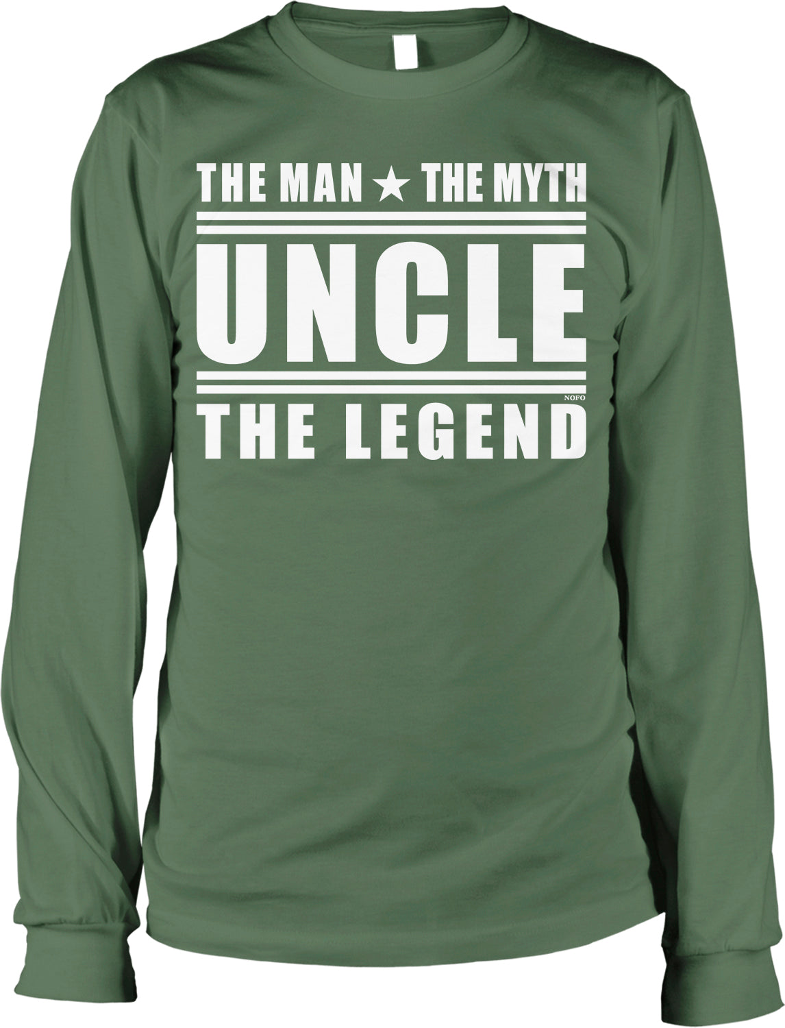 a green long-sleeved shirt with white text printed on it.