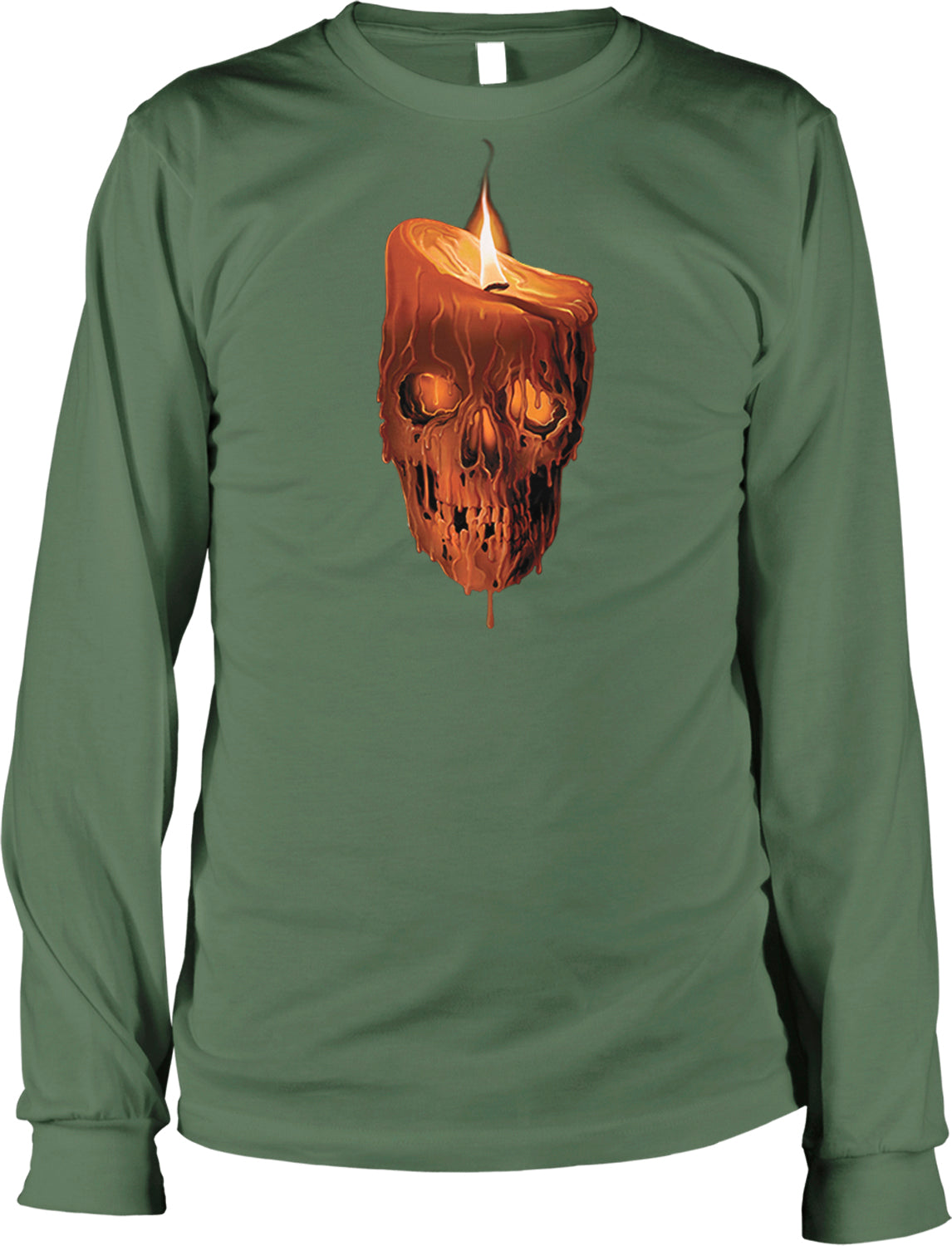 A green long-sleeved shirt with a graphic design depicting a skull with a flame or light source on top.