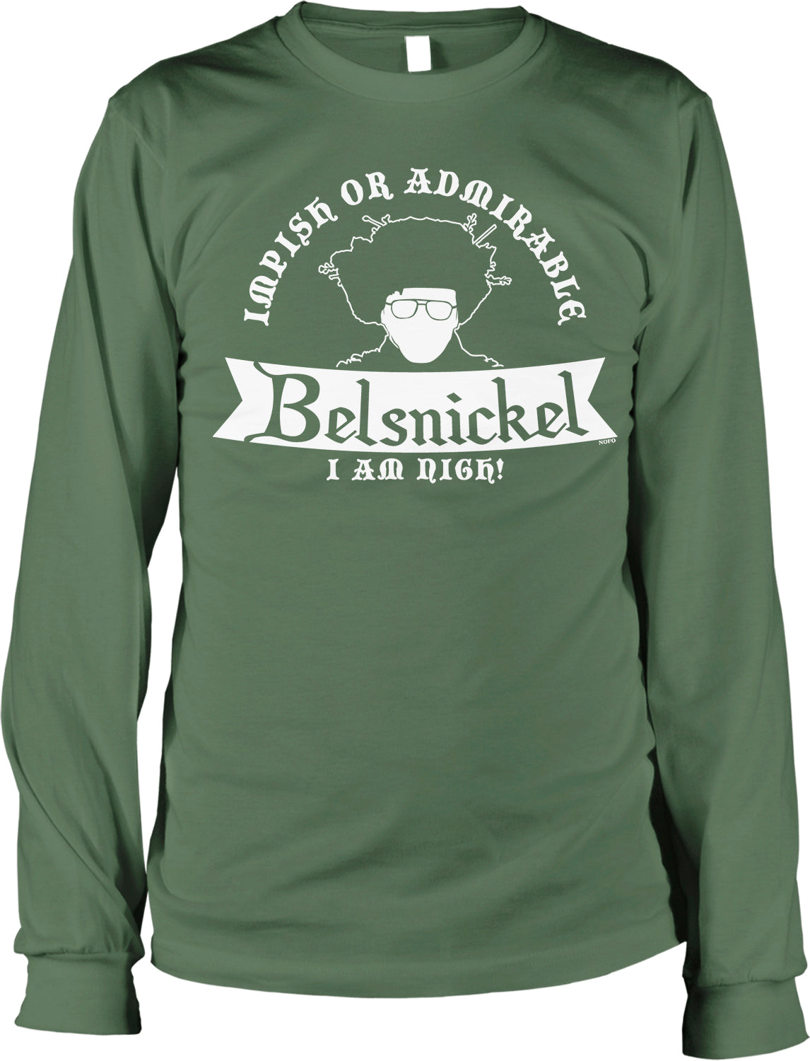 A green long-sleeved t-shirt with a white graphic design and text printed on it.