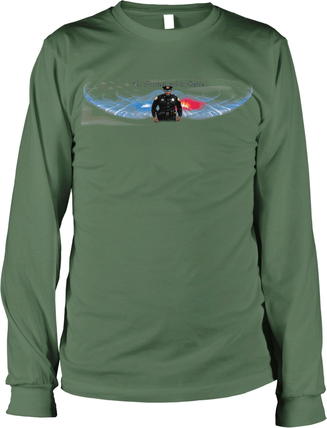 A long-sleeved green t-shirt with a graphic design depicting a person in a black outfit standing in front of a blue and white abstract background.