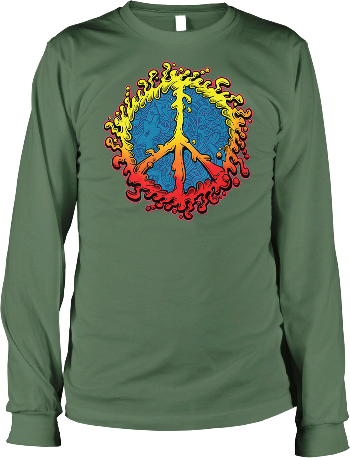 A long-sleeved green t-shirt with a colorful peace sign design featuring flames and a blue background.
