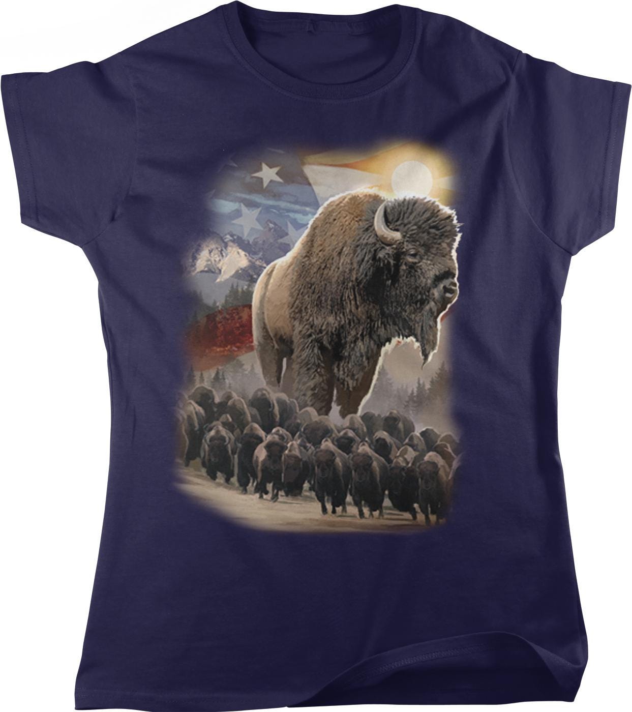 A t-shirt design featuring a large bison surrounded by smaller bison, with a backdrop of mountains, trees, and a starry sky.