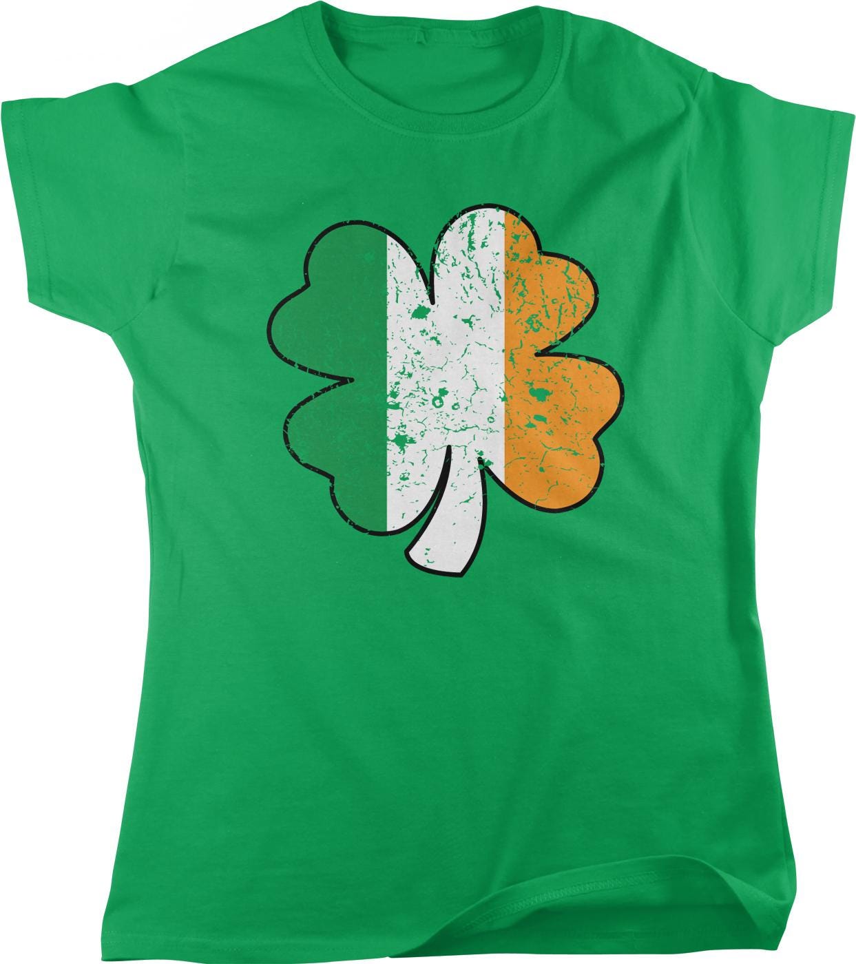 A green t-shirt with a graphic design of a four-leaf clover, which is a symbol associated with Ireland.