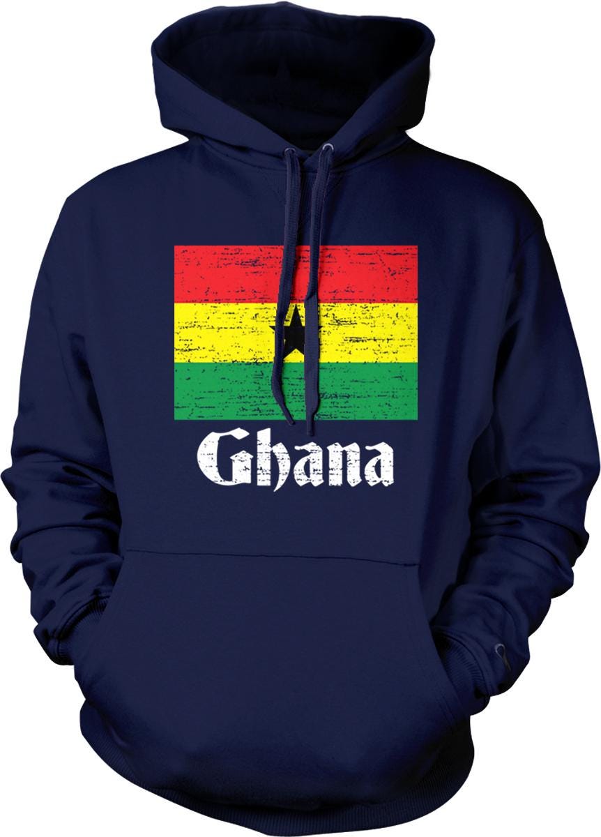 A navy blue hoodie with a graphic of the flag of Ghana and the word "Ghana" printed on it.