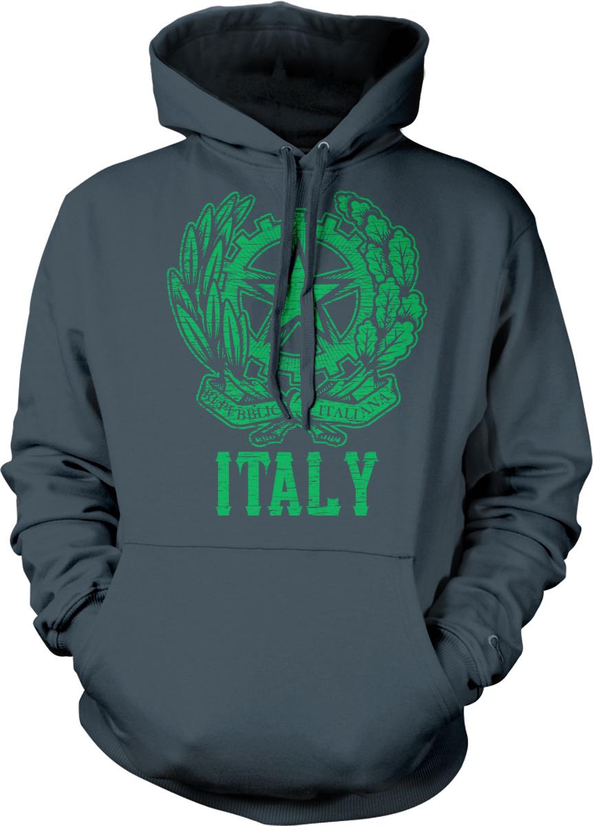 A gray hoodie with a green graphic design featuring a shield with a cross and laurel wreath, along with the word "ITALY" printed below.