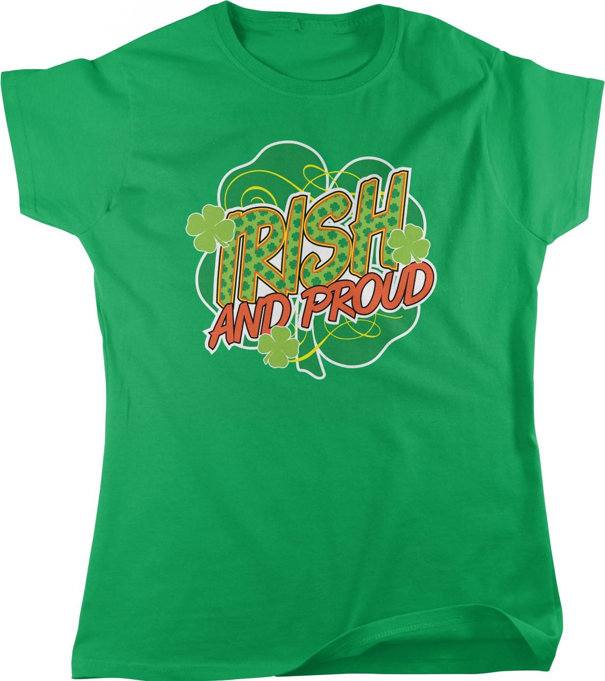 A green t-shirt with the text "TRISH AND PROUD" printed on it, along with shamrocks.