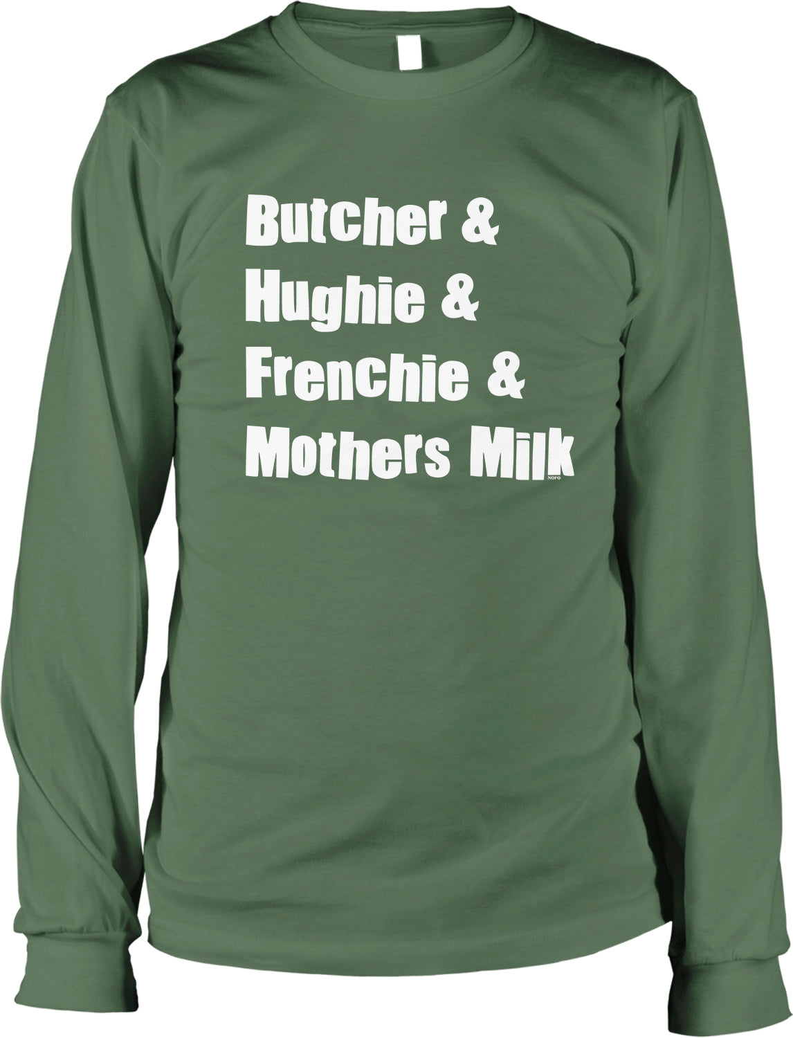 A green long-sleeved t-shirt with white text printed on it.