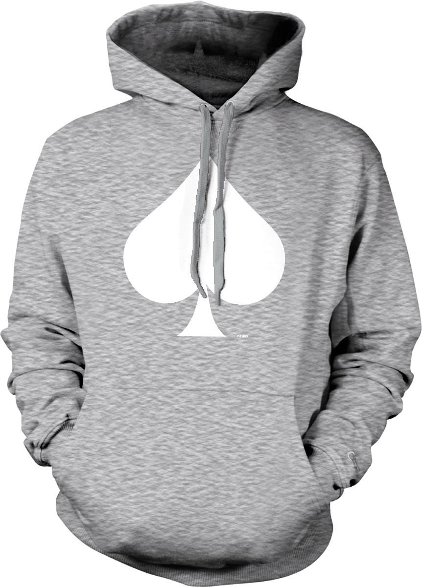 A gray hooded sweatshirt with a white graphic of a spade on the front.
