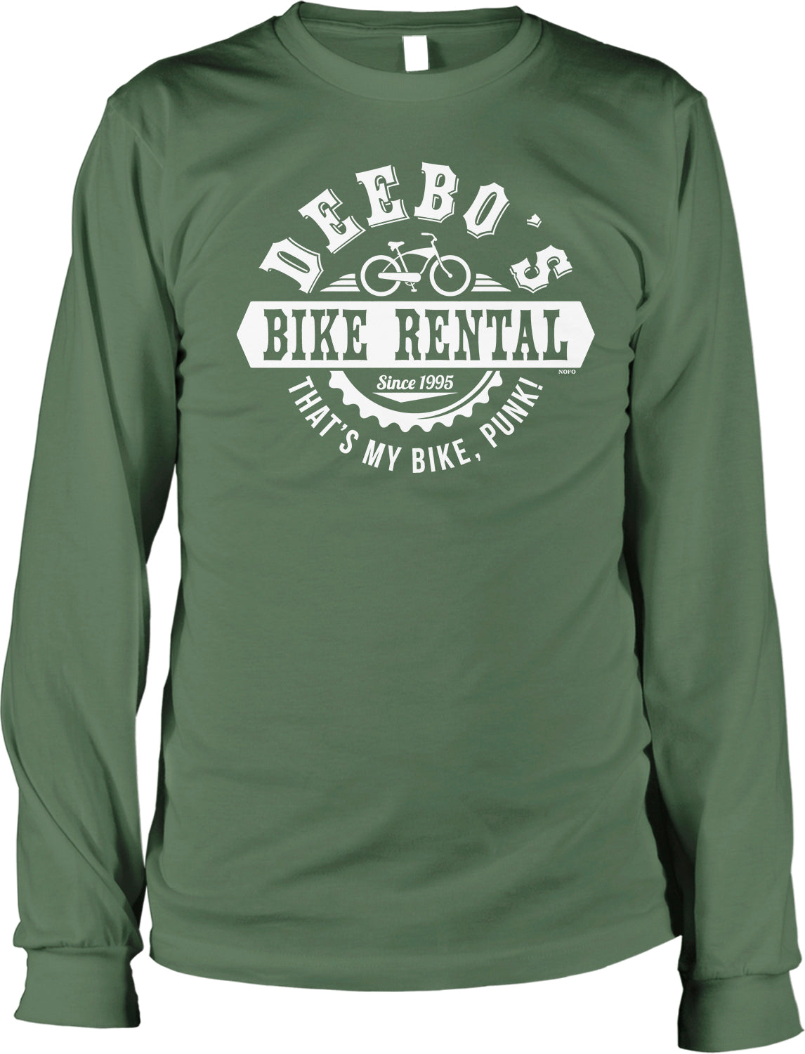 A green long-sleeved t-shirt with a white graphic design that says "DEEBO'S BIKE RENTAL" and "SINCE 1996 THAT'S MY BIKE, PUNK!"