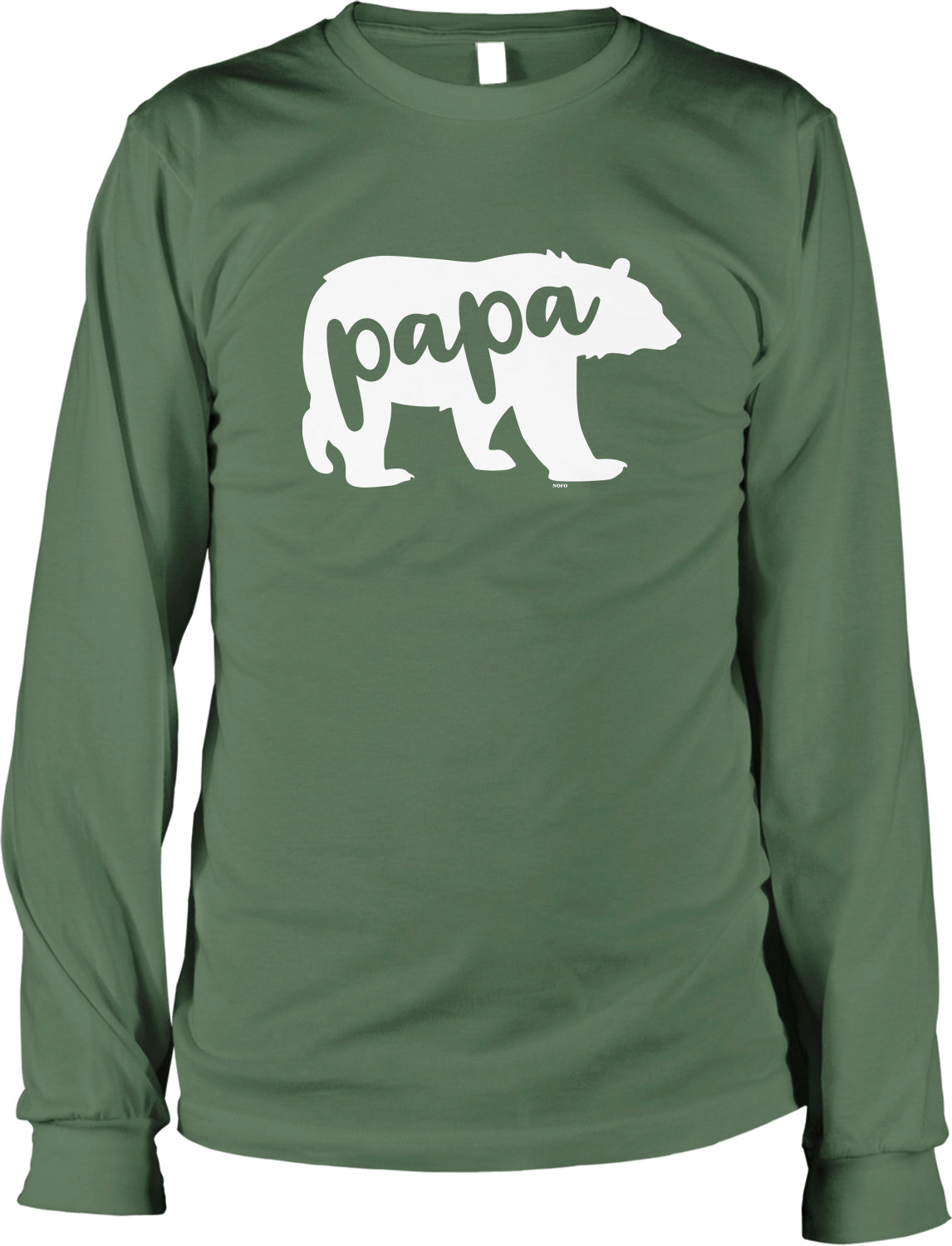 A green long-sleeved t-shirt with a white graphic of a bear and the word "papa" printed on it.