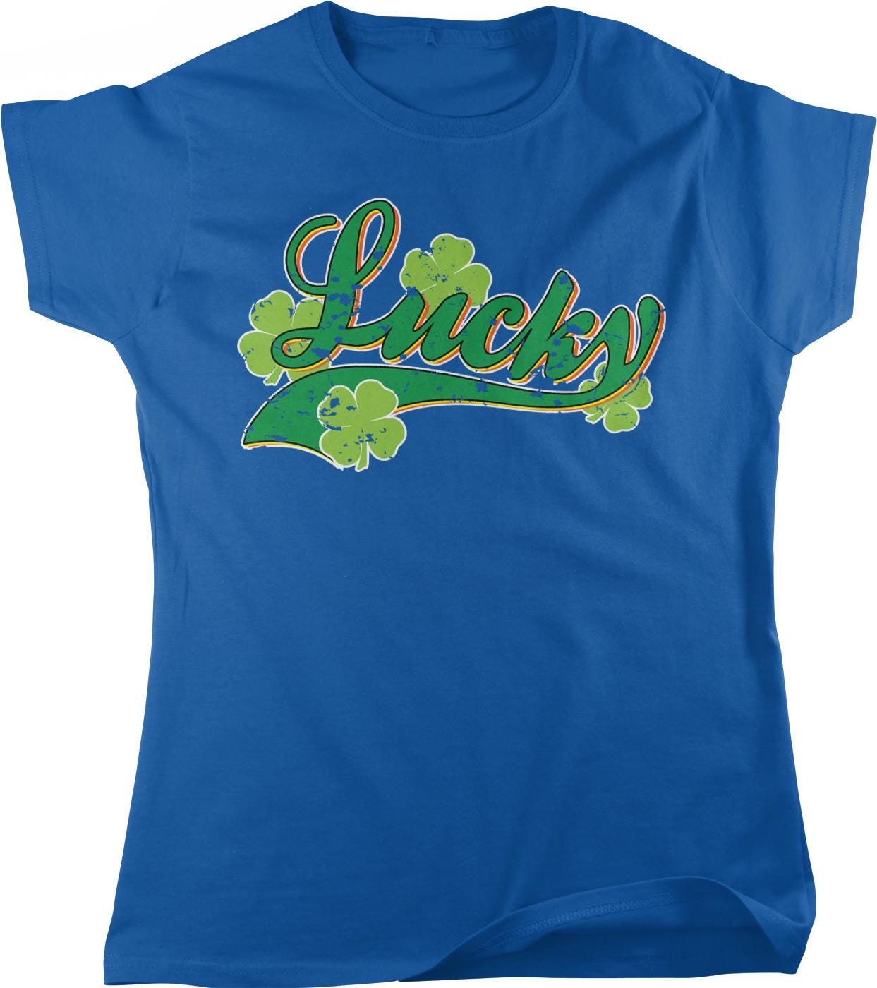 A blue t-shirt with the word "Lucky" printed on it, along with four green shamrocks.