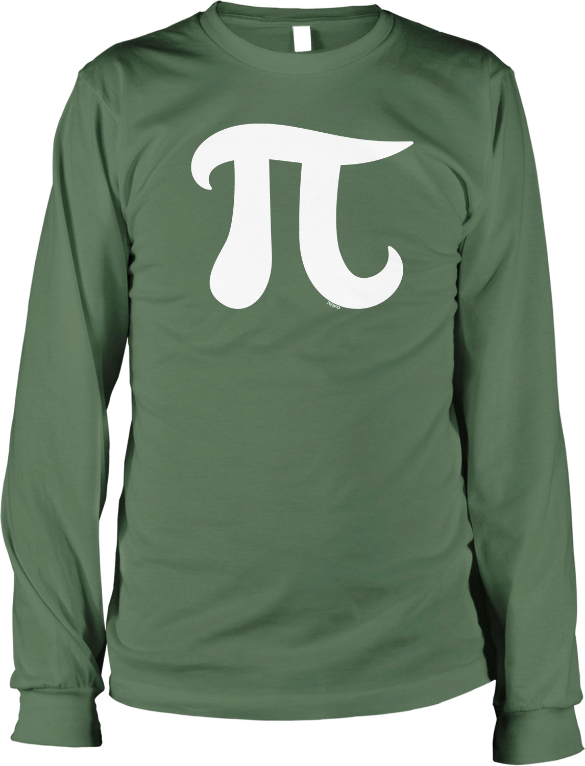 A green long-sleeved t-shirt with a white graphic of the mathematical constant pi printed on it.