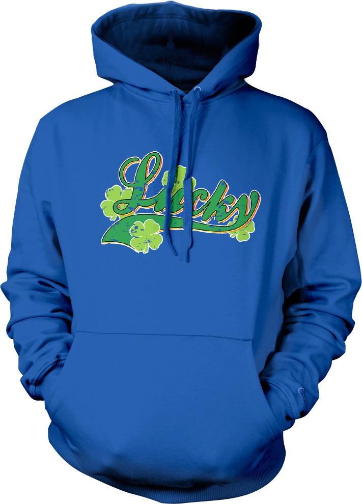 A blue hoodie with a graphic design featuring the word "Lucky" and four clovers.