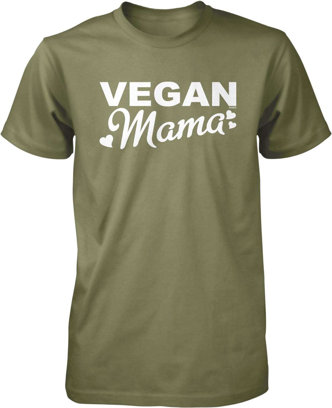 A green t-shirt with the text "VEGAN MAMA" printed on it in white letters.