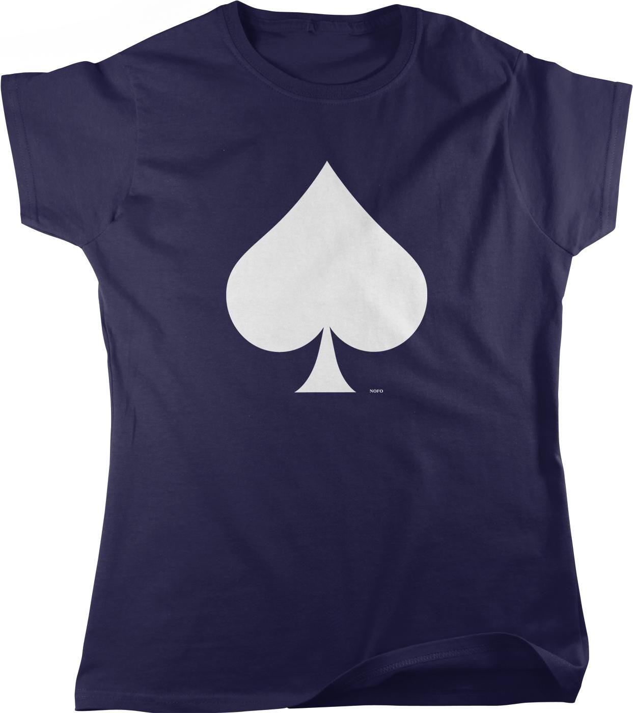 A navy blue t-shirt with a white graphic of a spade symbol printed on it.