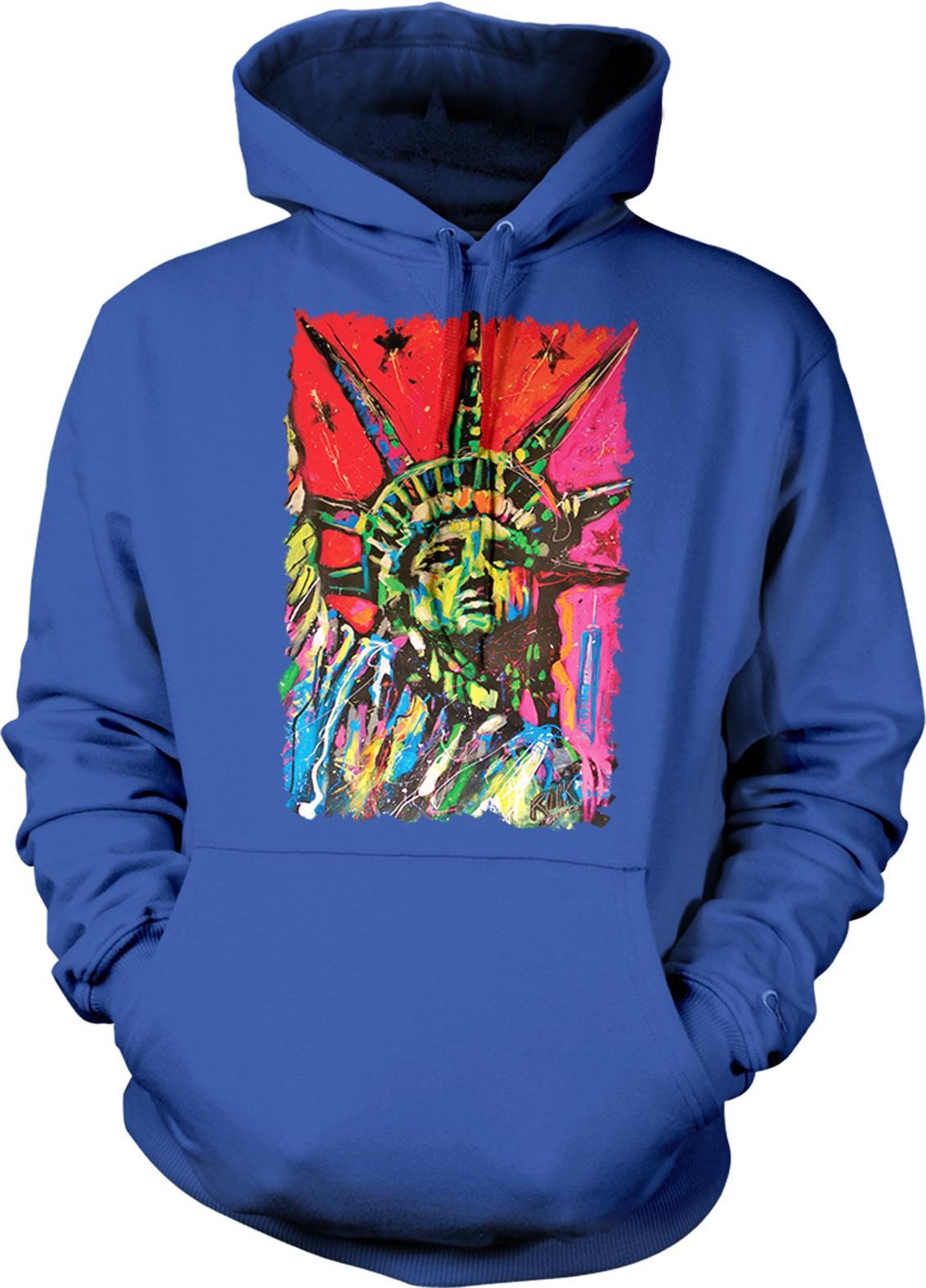 A blue hoodie with a colorful graphic of the Statue of Liberty printed on it.