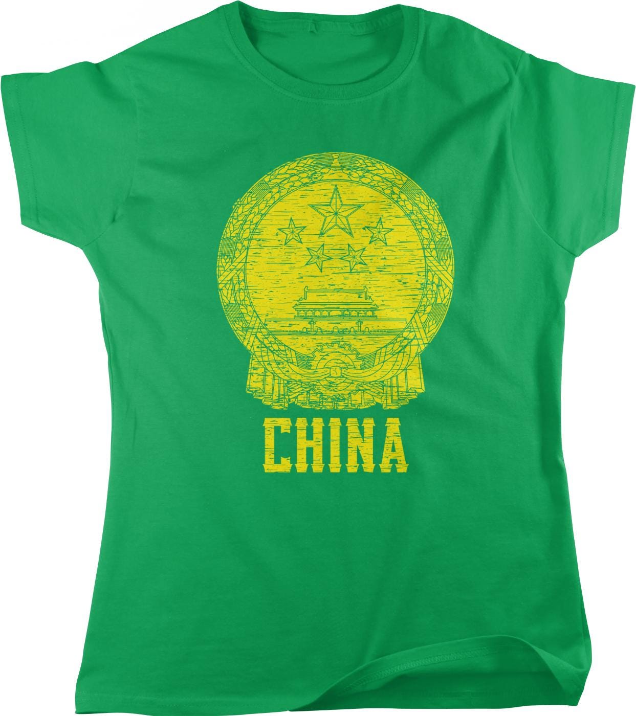 A green t-shirt with a yellow graphic design depicting a Chinese coat of arms.
