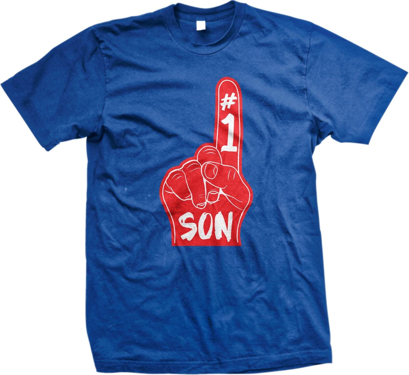 A blue t-shirt with a red graphic design depicting a hand with the number 1 and the word "SON" written below it.