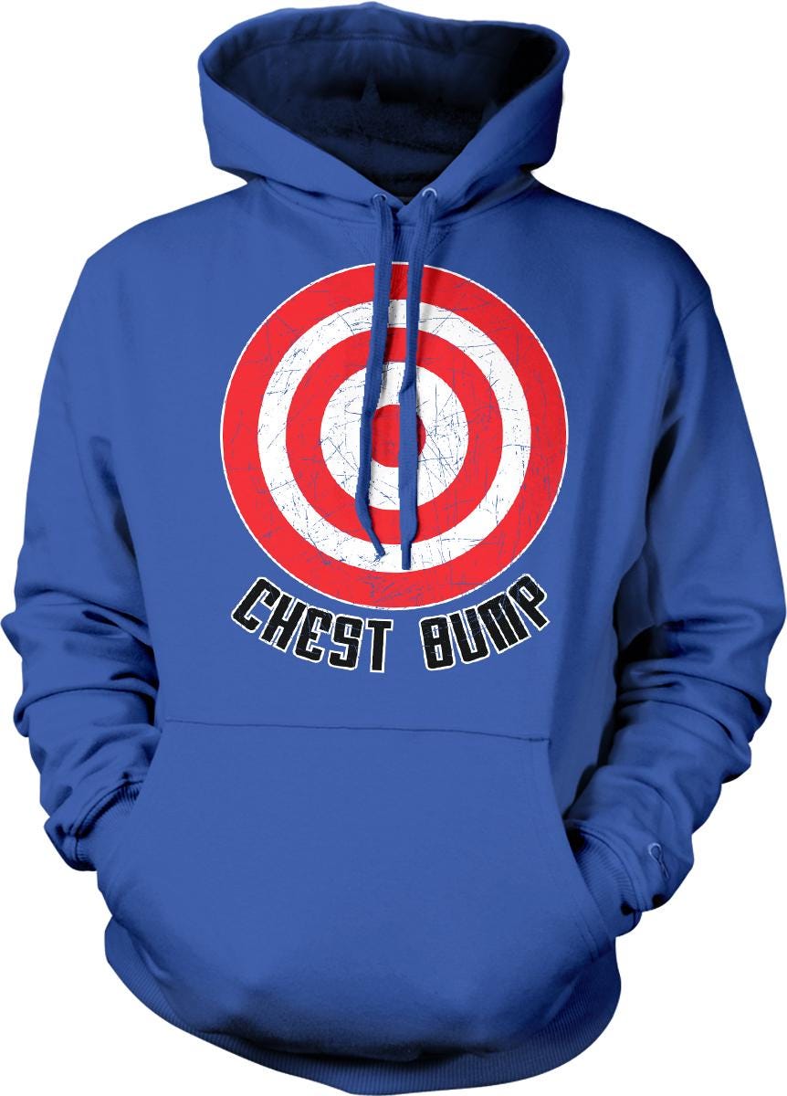 A blue hoodie with a graphic design on the front, depicting a target with a bullseye and the text "CHEST BUMP" below it.