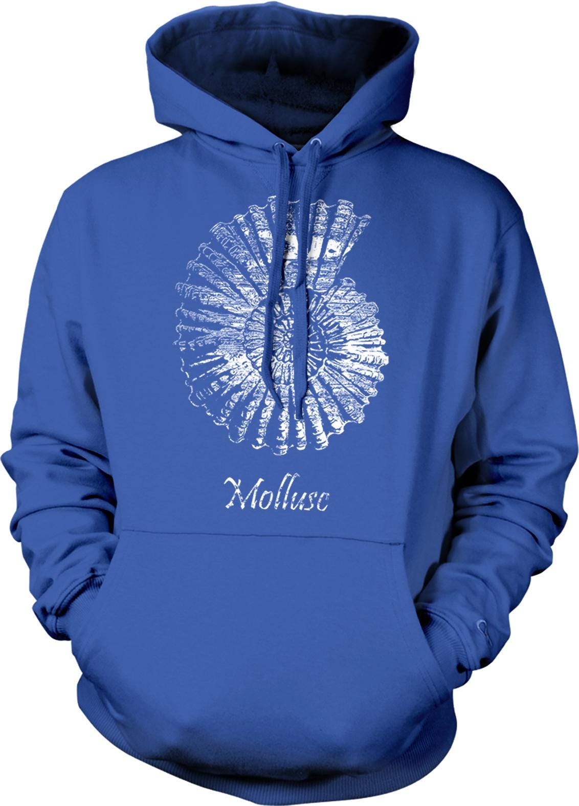 A blue hoodie with a white spiral design and the word "Mollusc" printed on it.