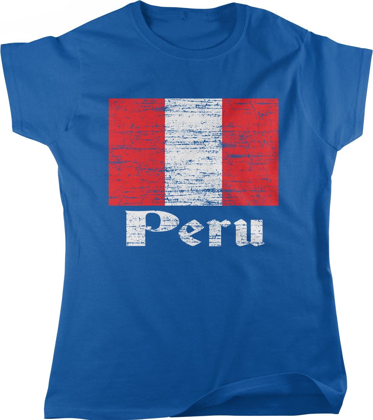 A blue t-shirt with a graphic design featuring the flag of Peru and the word "Peru" printed on it.